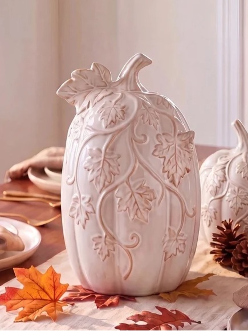 My Texas House Fall Tall Ceramic Pumpkin with Vine Accents Tabletop Decoration